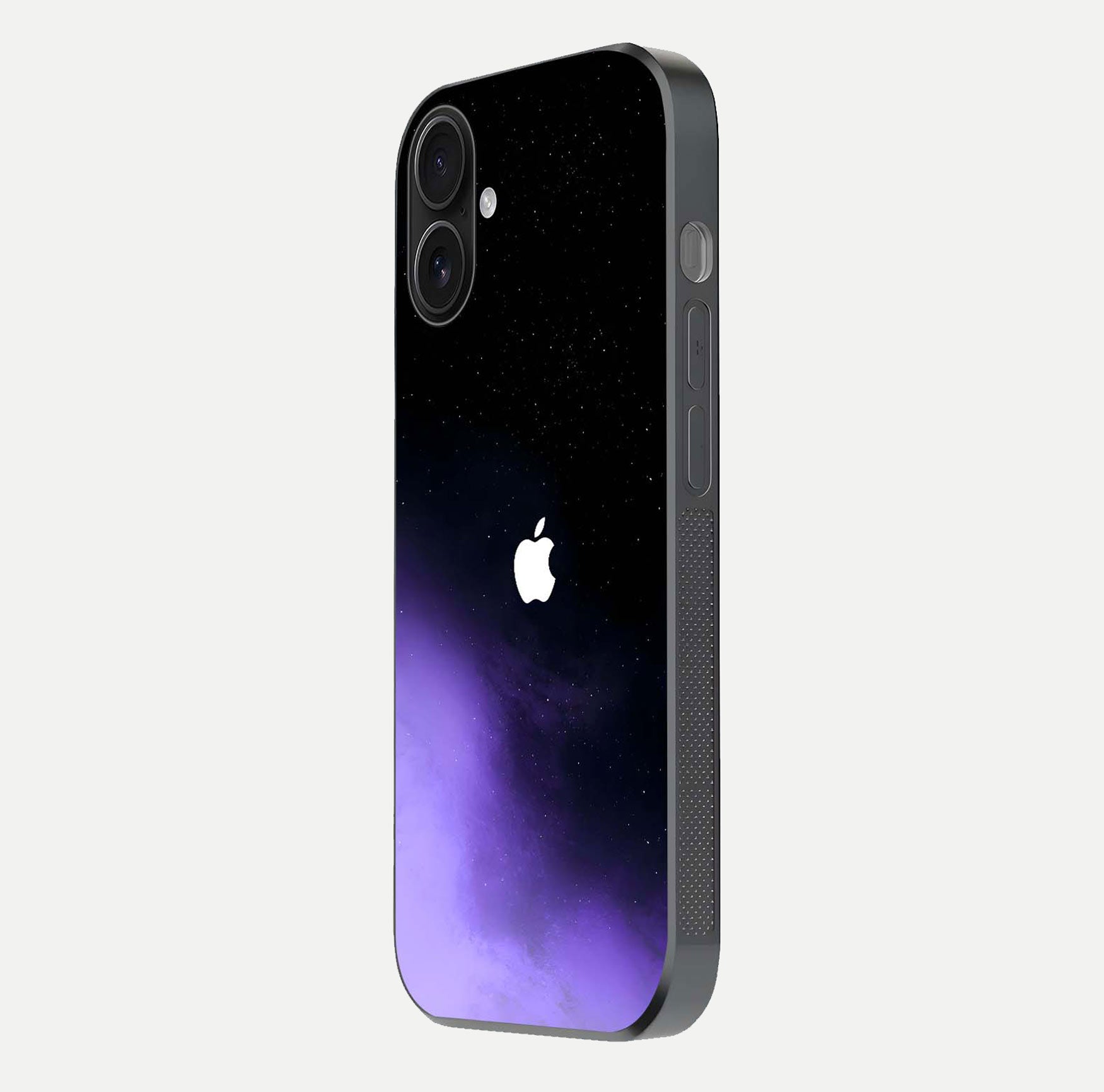 Galaxy Apple Aura Glass Case for iPhone 16 side-angle image showing glossy surface and soft reflection hues