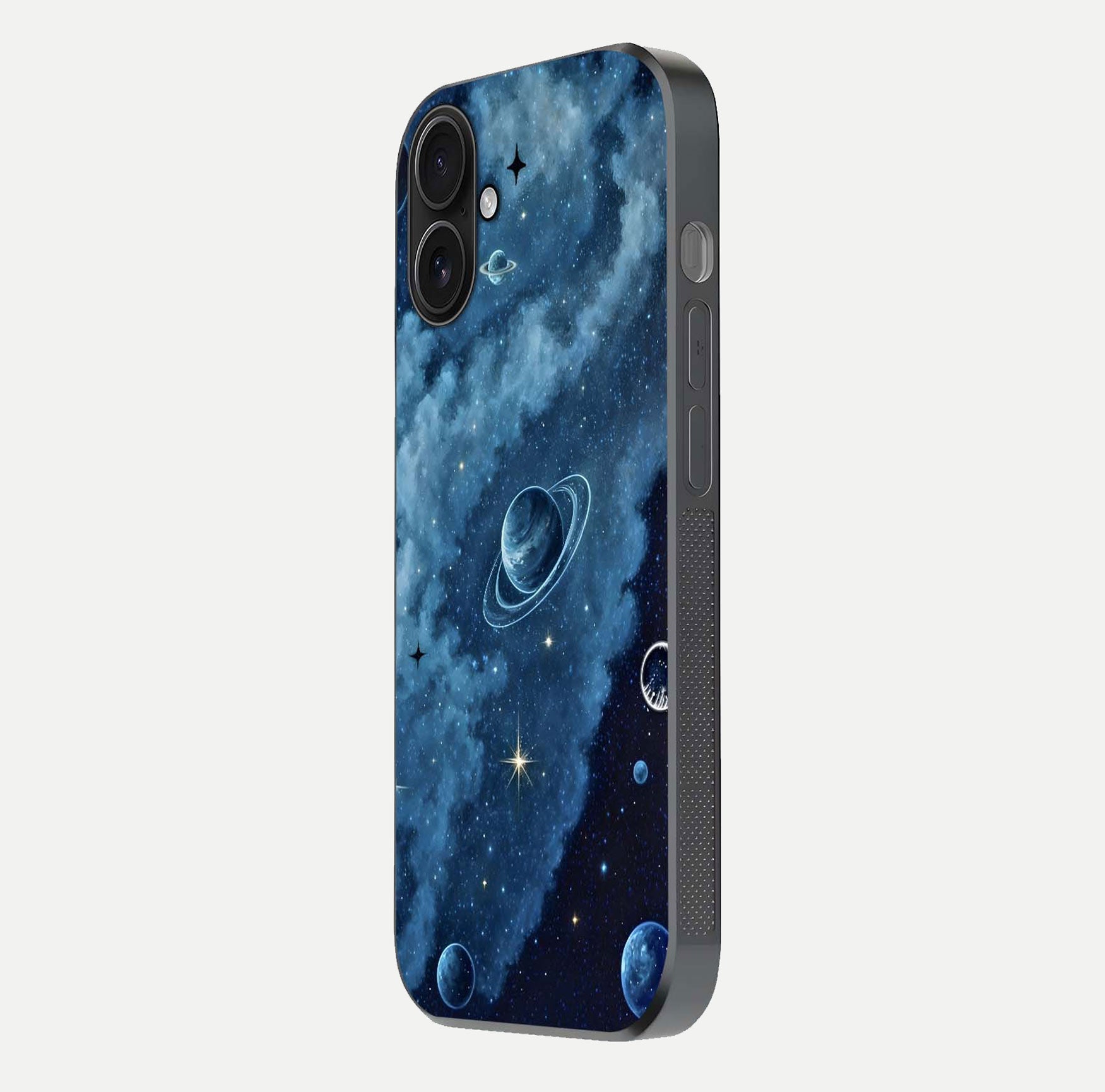 Galaxy Dream Space Glass Case for iPhone 16 side-angle image capturing reflection clarity and galactic texture