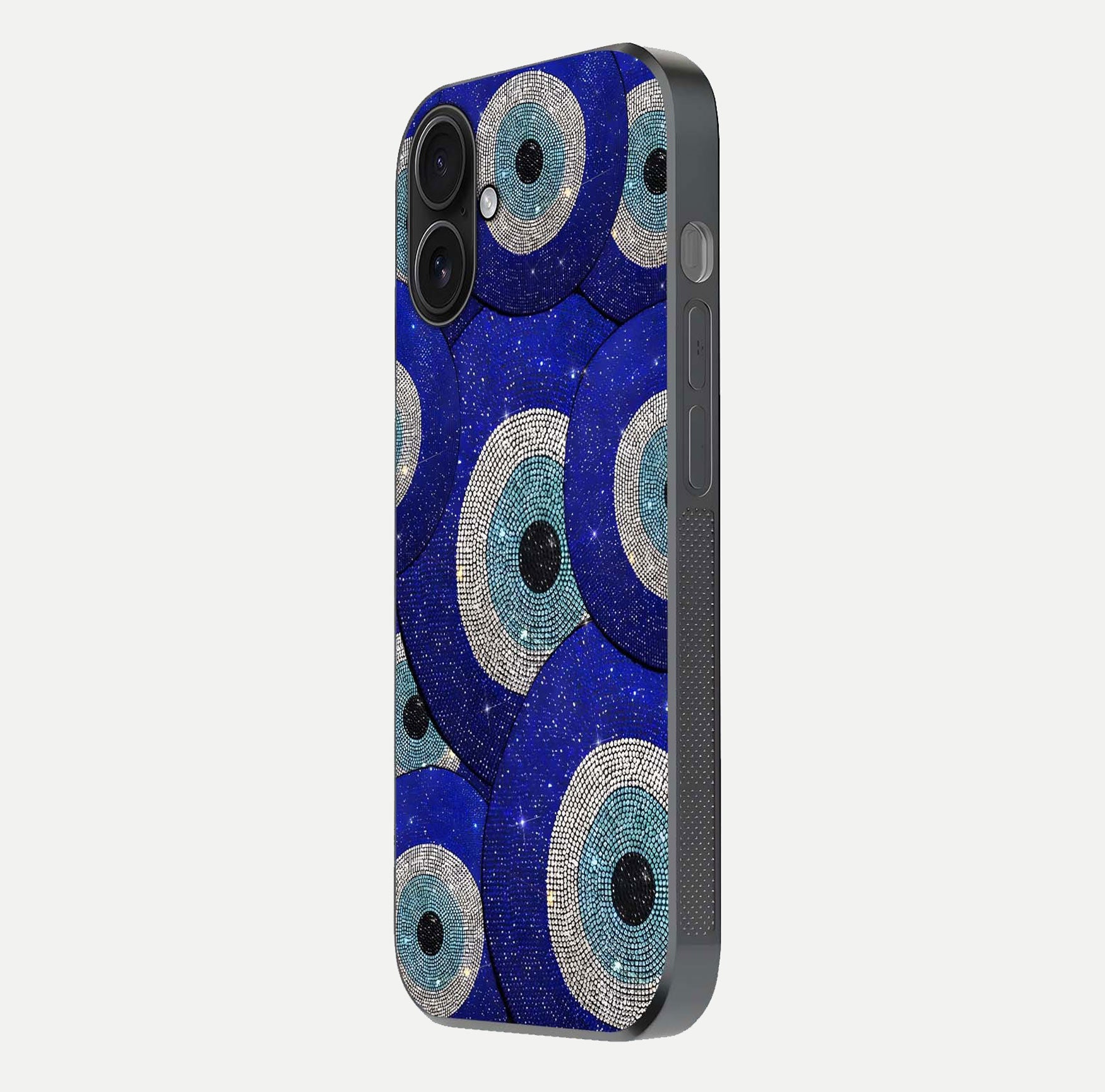 Galaxy Eye Flow Glass Case for iPhone 16 side-angle image showing reflection detail and premium shine