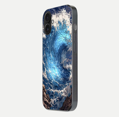 Giant Ocean Wave Glass Case for iPhone 16 side-angle image showing light reflection and ocean detail