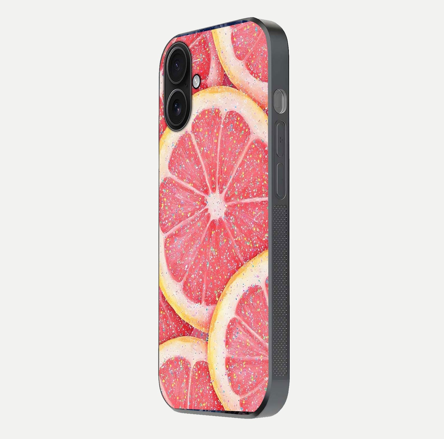 Glitter Grapefruit Glass Case for iPhone 16 side-angle image showing reflection glow and polished edges