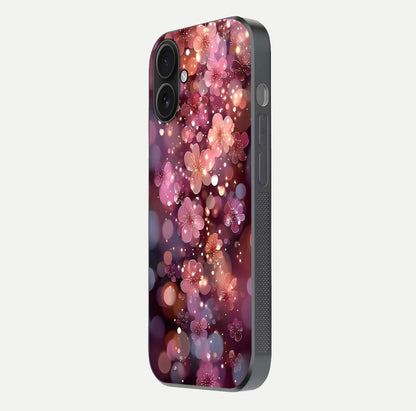 Glowing Petal Bliss Glass Case for iPhone 16 side-angle image showing light reflection and soft floral texture