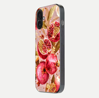 Golden Bloom Glow Glass Case for iPhone 16 side-angle image showing light reflection, gloss texture, and rich tone