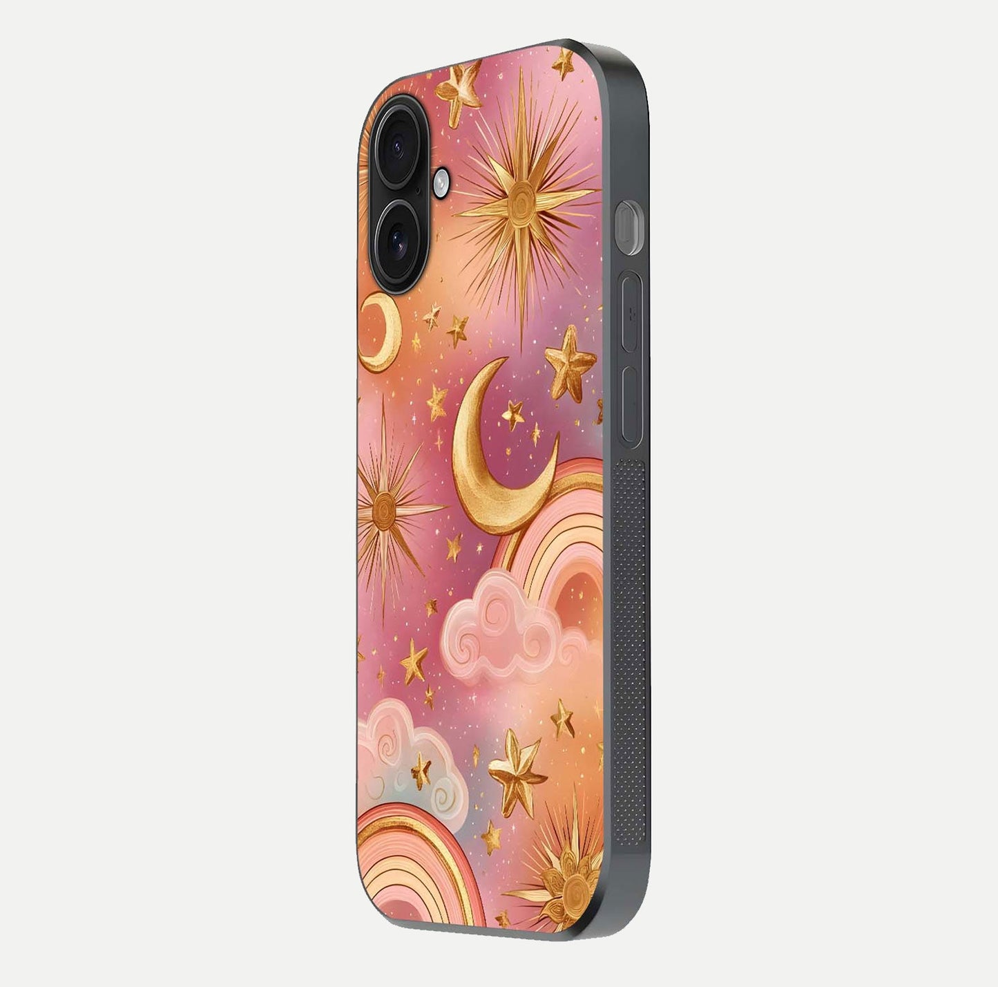 Golden Celestial Dreams Glass Case for iPhone 16 side-angle image capturing reflection brightness and starry detail