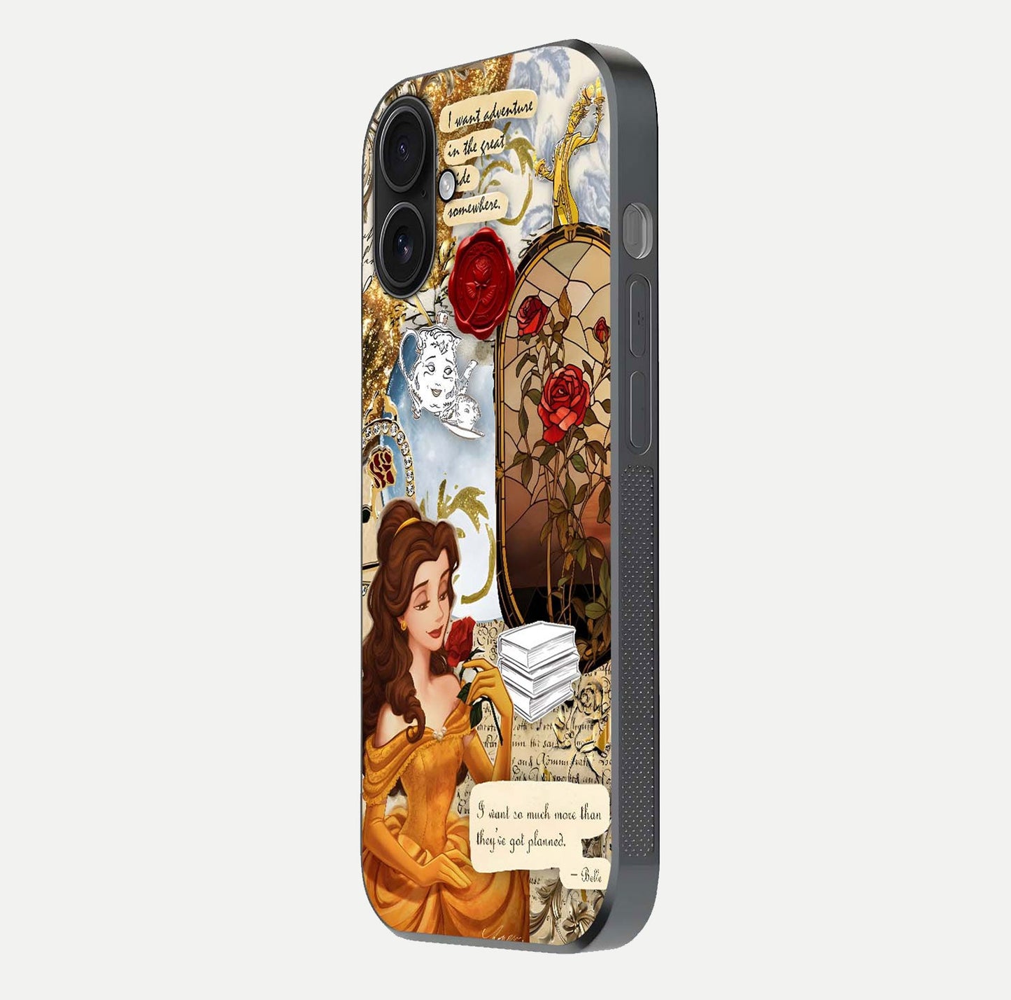 Golden Dream Belle Glass Case for iPhone 16 side-angle image showing reflective edges and premium golden tint