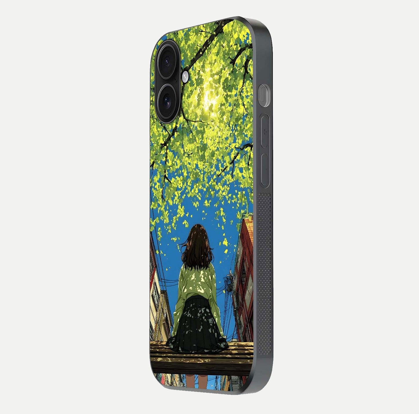 Golden Leaves Glow Glass Case for iPhone 16 side-angle image showing reflection polish and elegant pattern