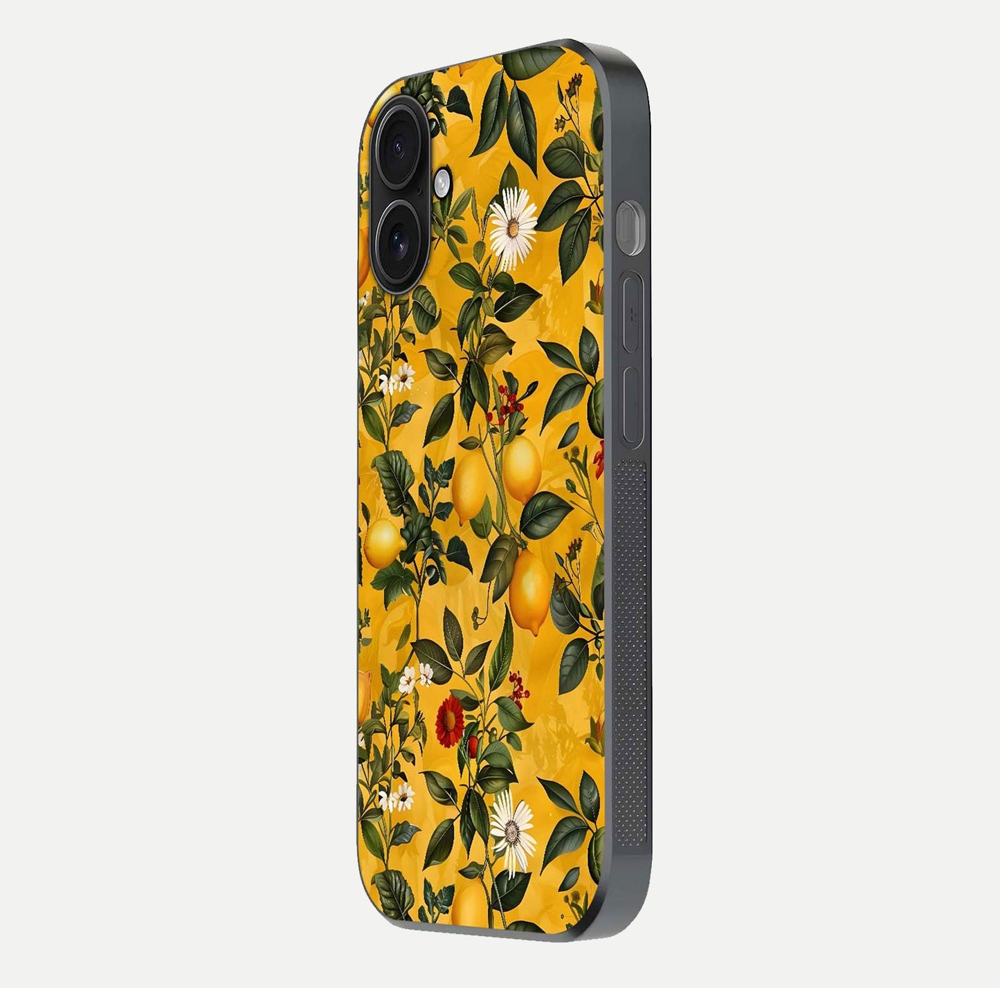 Golden Lemon Field Glass Case for iPhone 16 side-angle image showing reflection clarity and juicy color tone