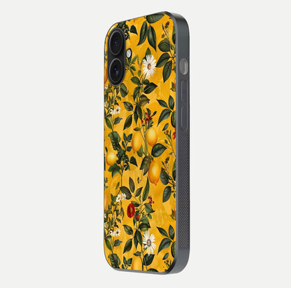 Golden Lemon Field Glass Case for iPhone 16 side-angle image showing reflection clarity and juicy color tone