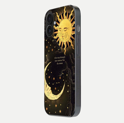 Golden Lunar Love Glass Case for iPhone 16 side-angle image showing reflection brilliance and smooth golden tone