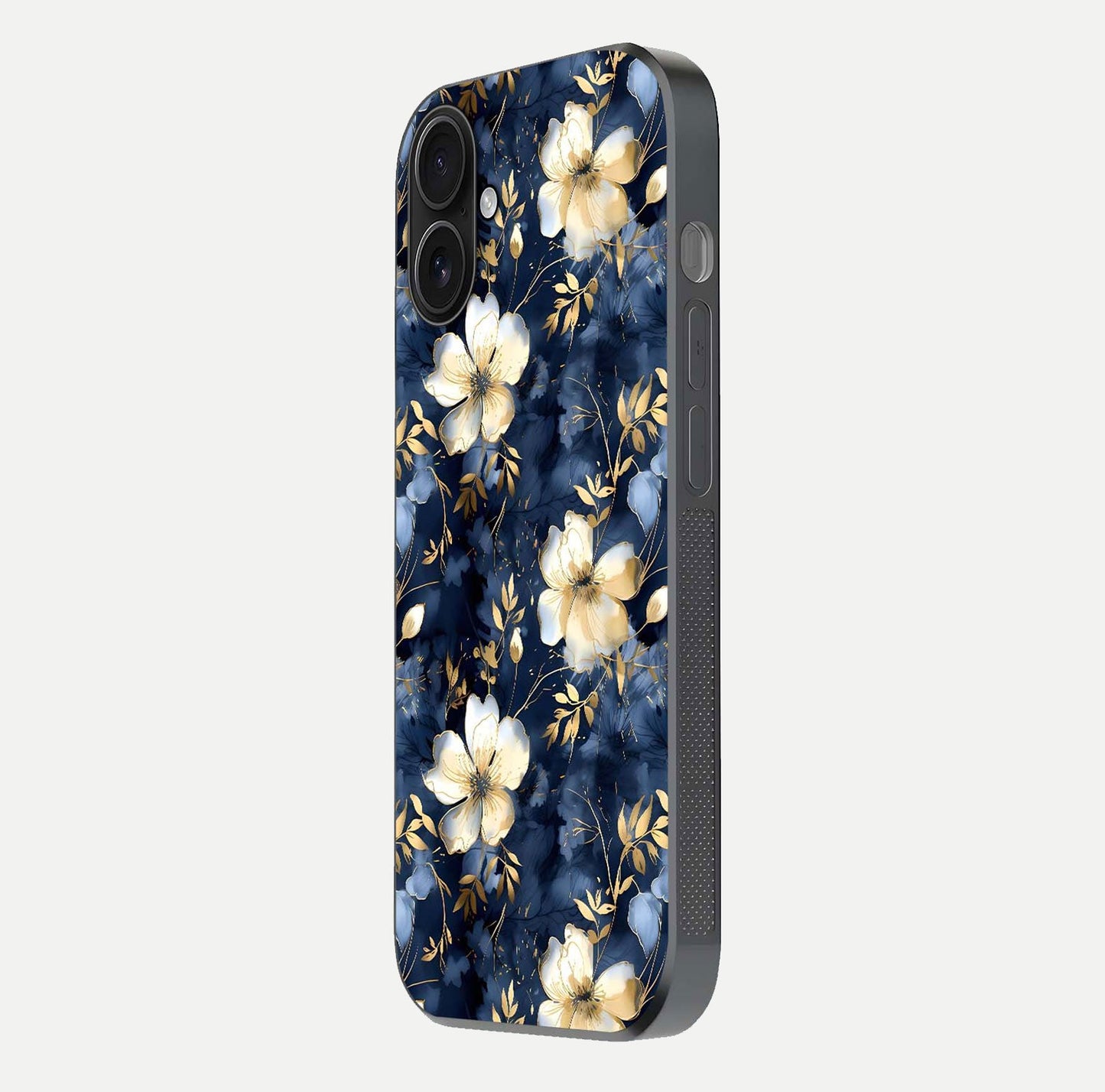 Golden Midnight Bloom Glass Case for iPhone 16 side-angle image showing shine depth and elegant edge design