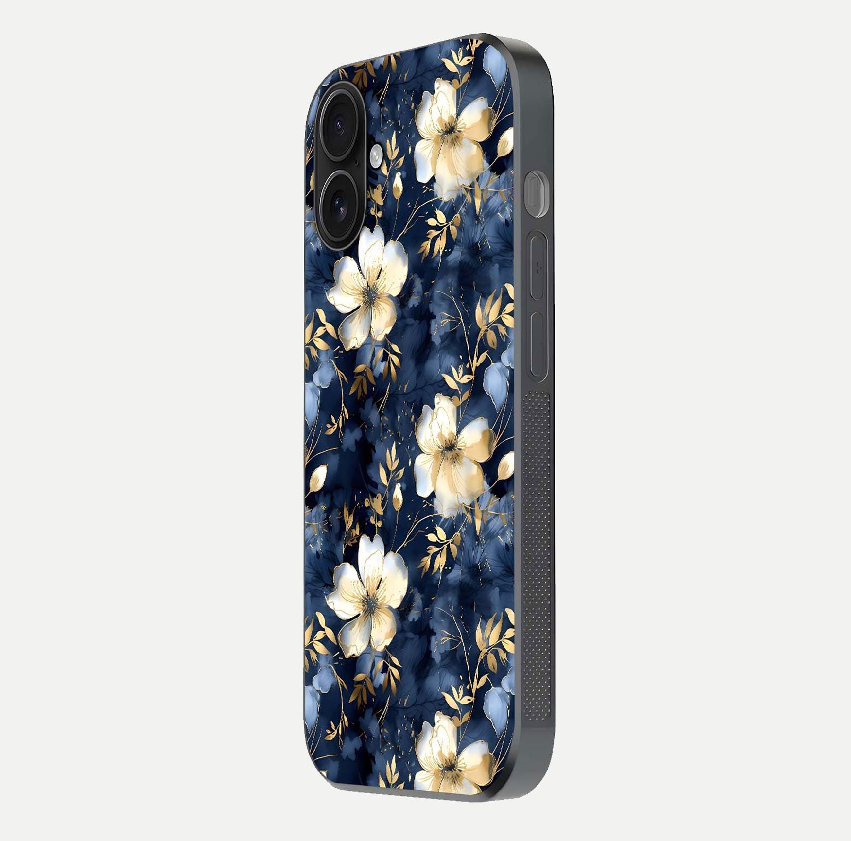 Golden Midnight Bloom Glass Case for iPhone 16 side-angle image showing shine depth and elegant edge design