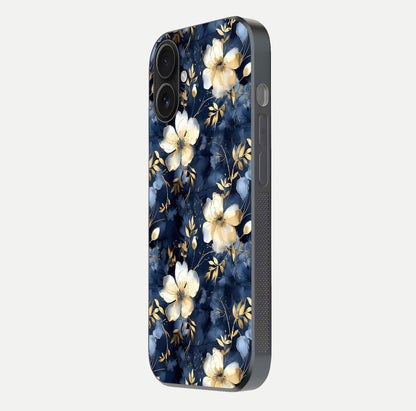 Golden Midnight Bloom Glass Case for iPhone 16 side-angle image showing shine depth and elegant edge design