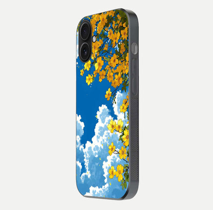 Golden Petal Sky Glass Case for iPhone 16 side-angle image showing reflection depth and metallic floral tones