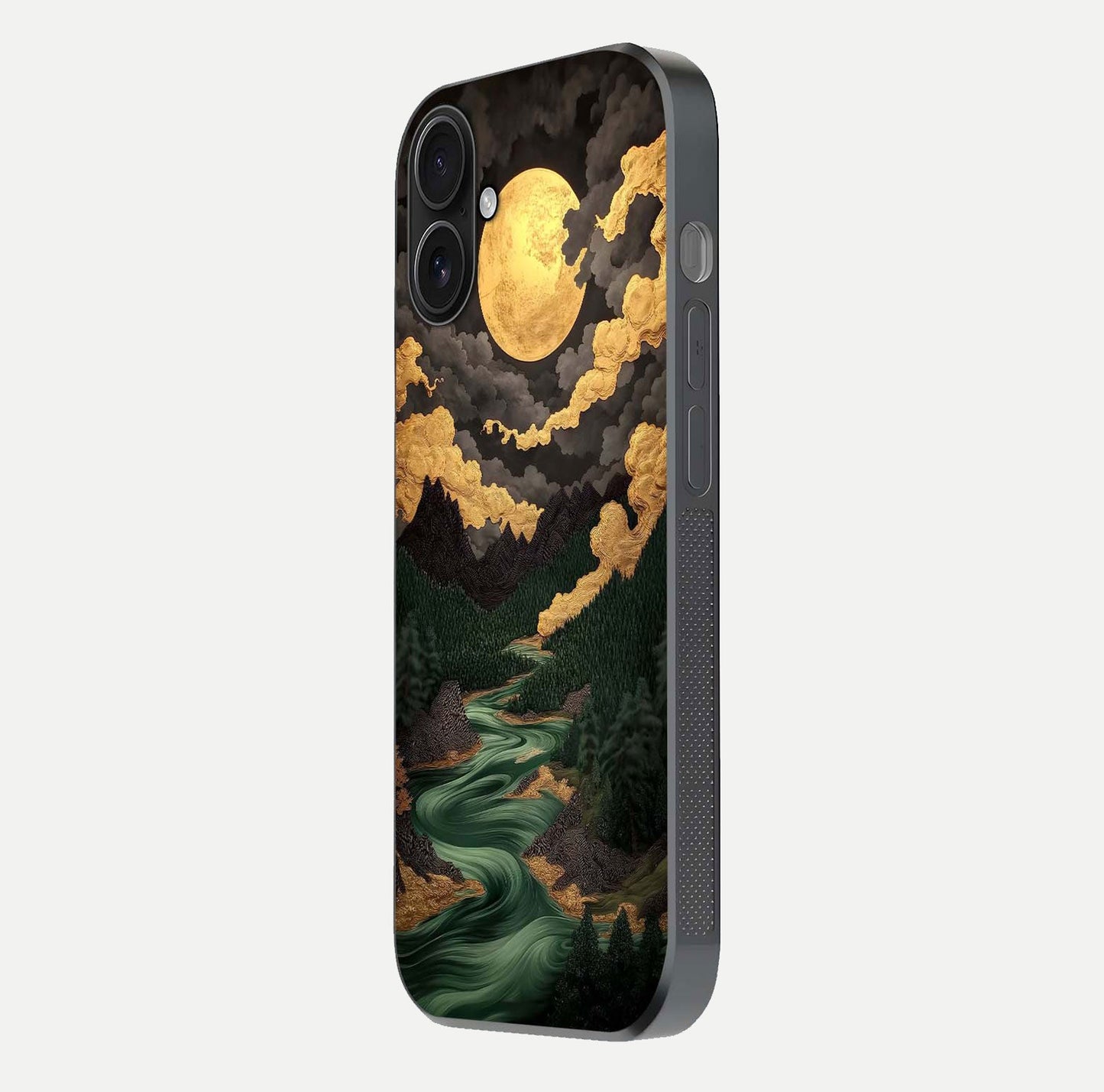 Golden River Moon Glass Case for iPhone 16 side-angle image showing reflection clarity and detailed nightscape