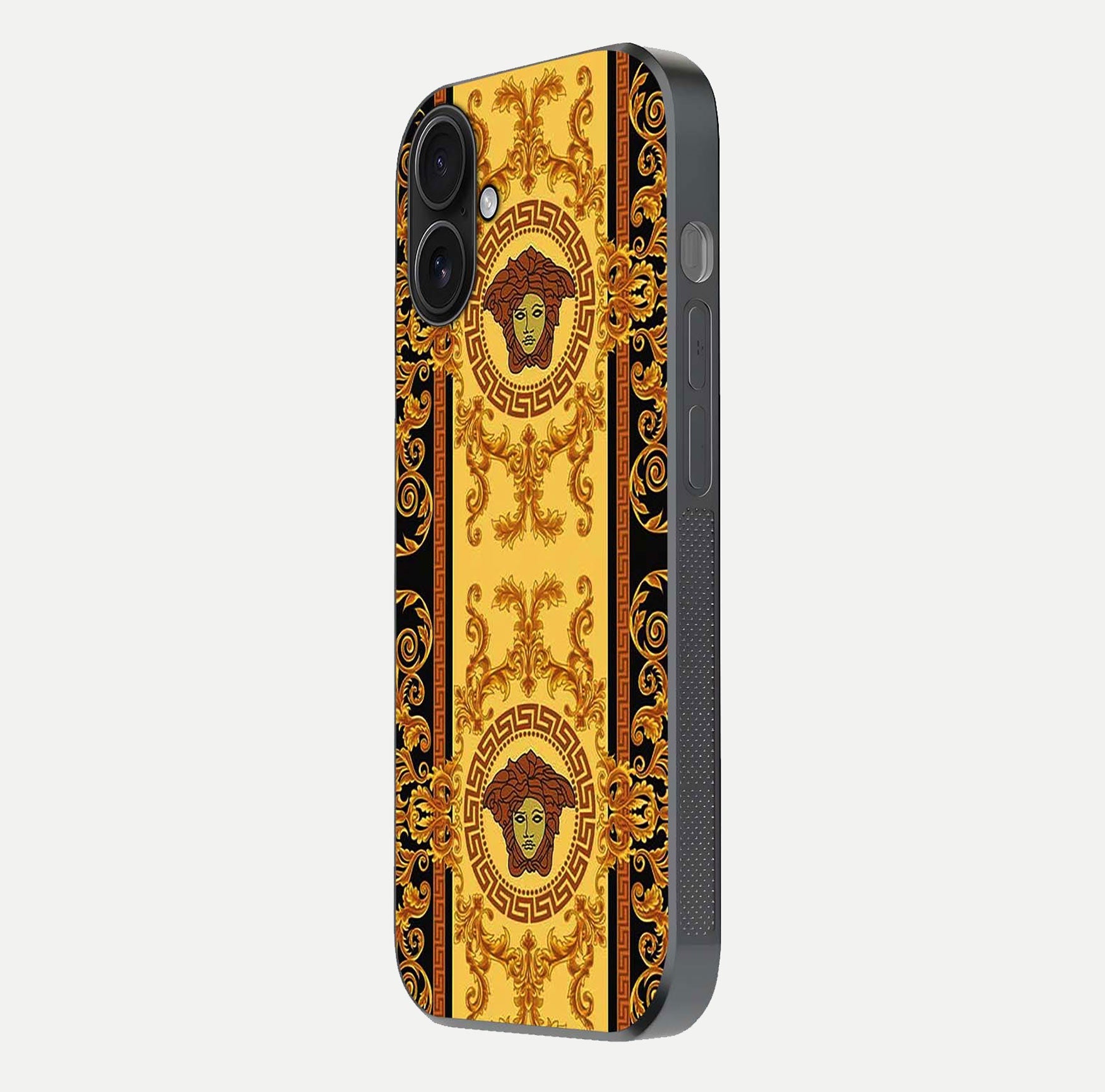 Golden Royal Heritage Glass Case for iPhone 16 side-angle image showing reflection glow and luxury detailing