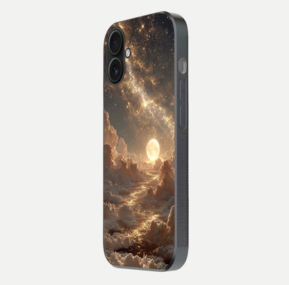 Golden Sky Dream Glass Case for iPhone 16 side-angle image showing reflection shine and smooth surface