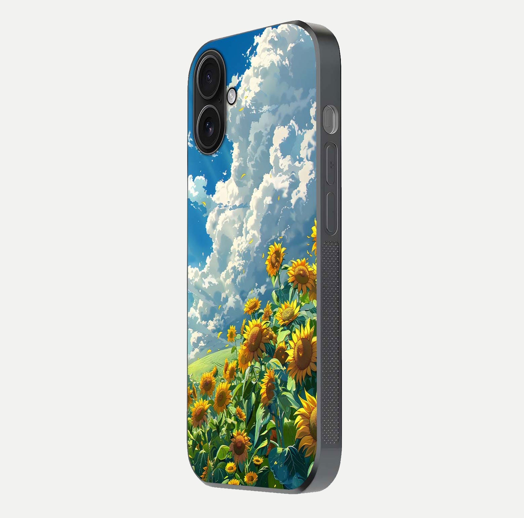 Golden Sun Glory Glass Case for iPhone 16 side-angle image showing reflection glow and luminous texture