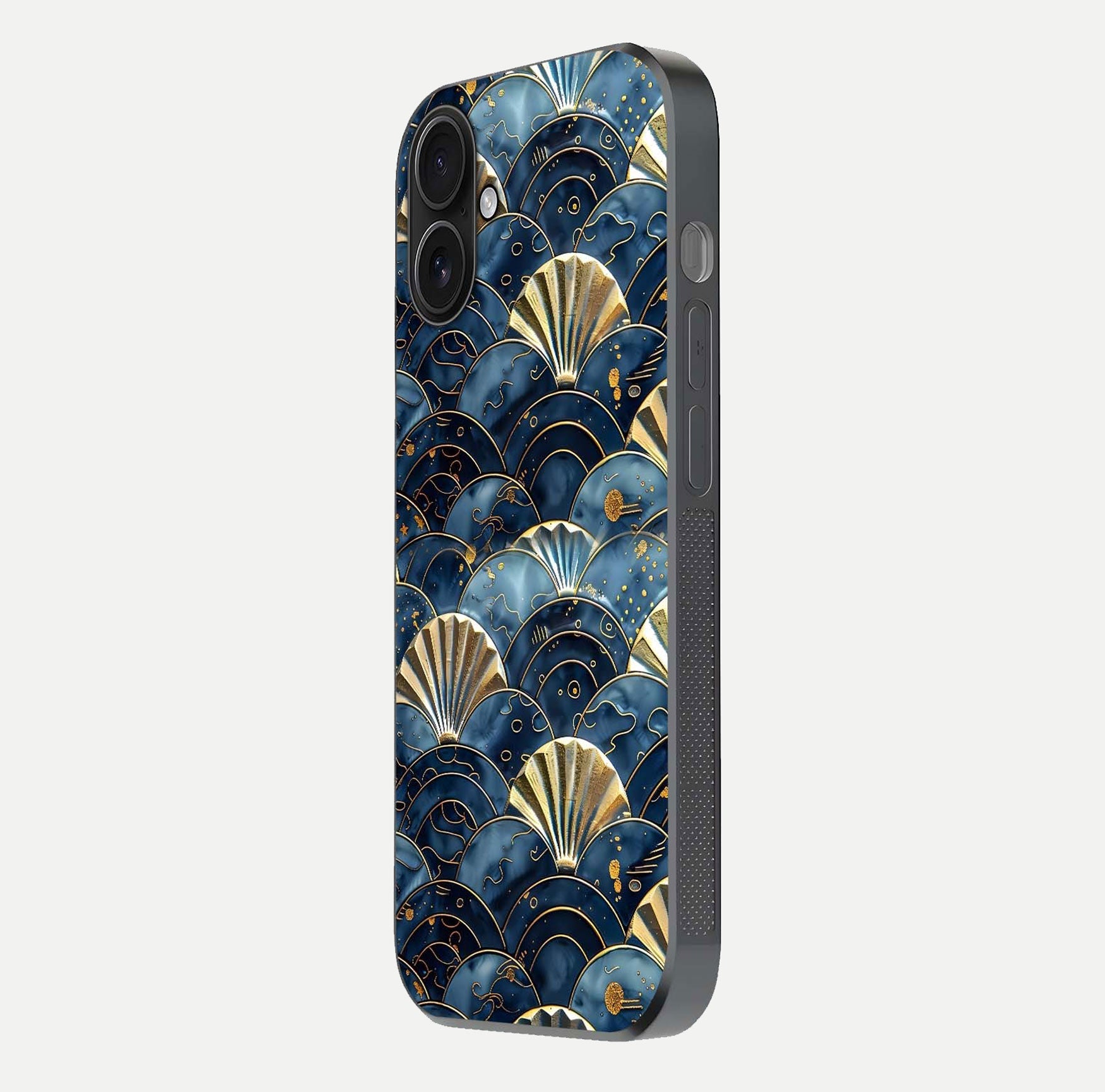 Golden Wave Luxe Glass Case for iPhone 16 side-angle image showing reflection clarity and polished finish