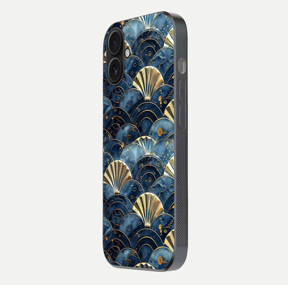 Golden Wave Luxe Glass Case for iPhone 16 side-angle image showing reflection clarity and polished finish