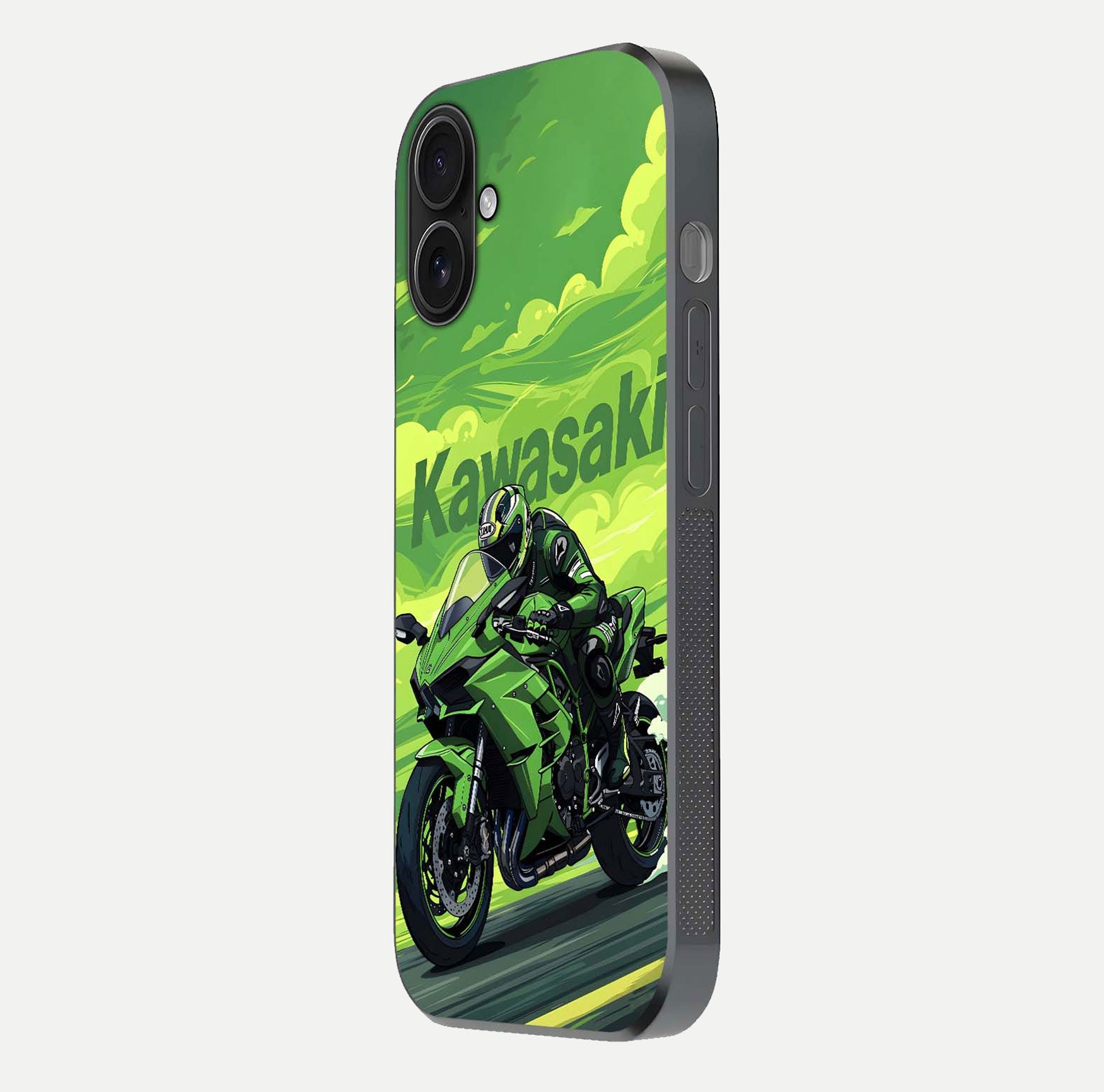Green Kawasaki Glass Case for iPhone 16 side-angle image showing reflection depth and metallic green accent