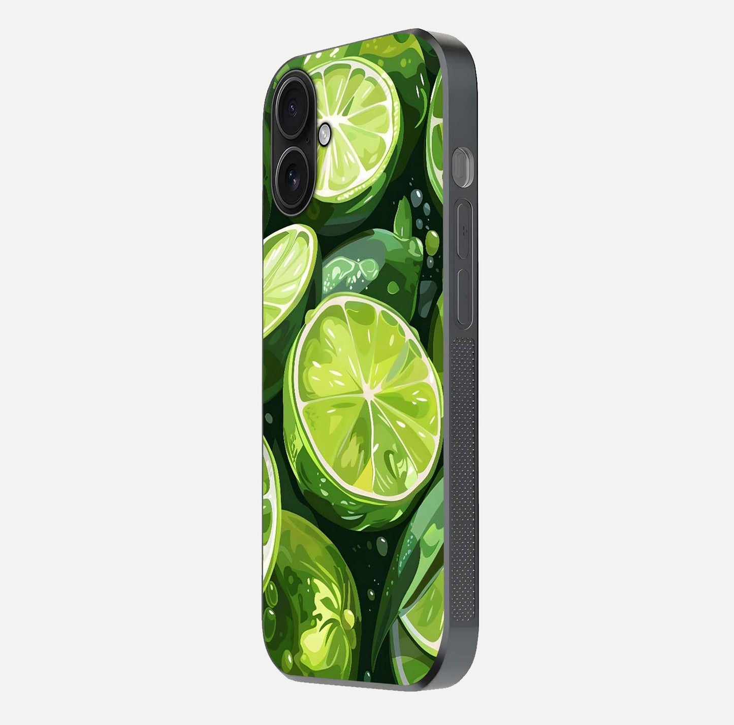 Green Lemon Glass Case for iPhone 16 side-angle image showing reflection glow and juicy color tones