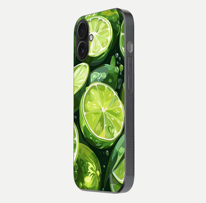 Green Lemon Glass Case for iPhone 16 side-angle image showing reflection glow and juicy color tones