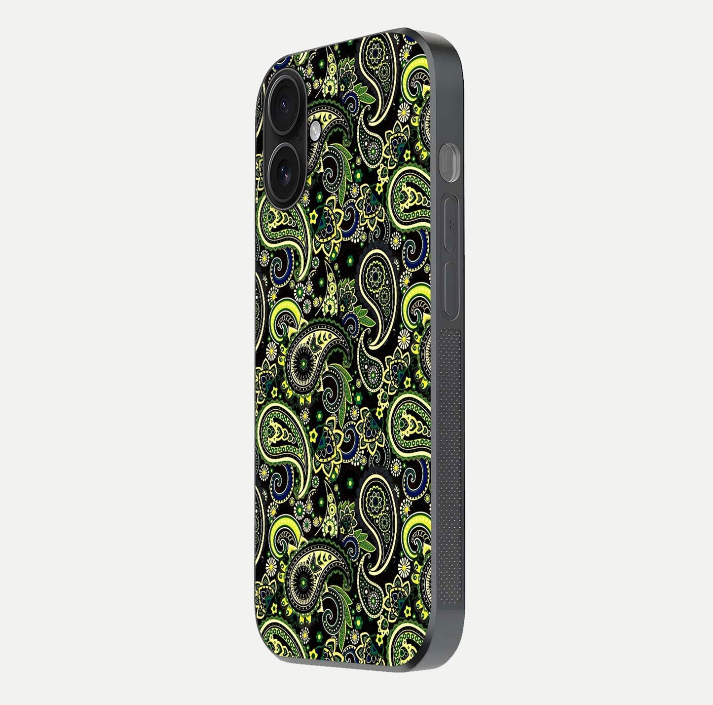 Green Mandala Pattern Glass Case for iPhone 16 side-angle image showing reflection clarity and detailed pattern lines