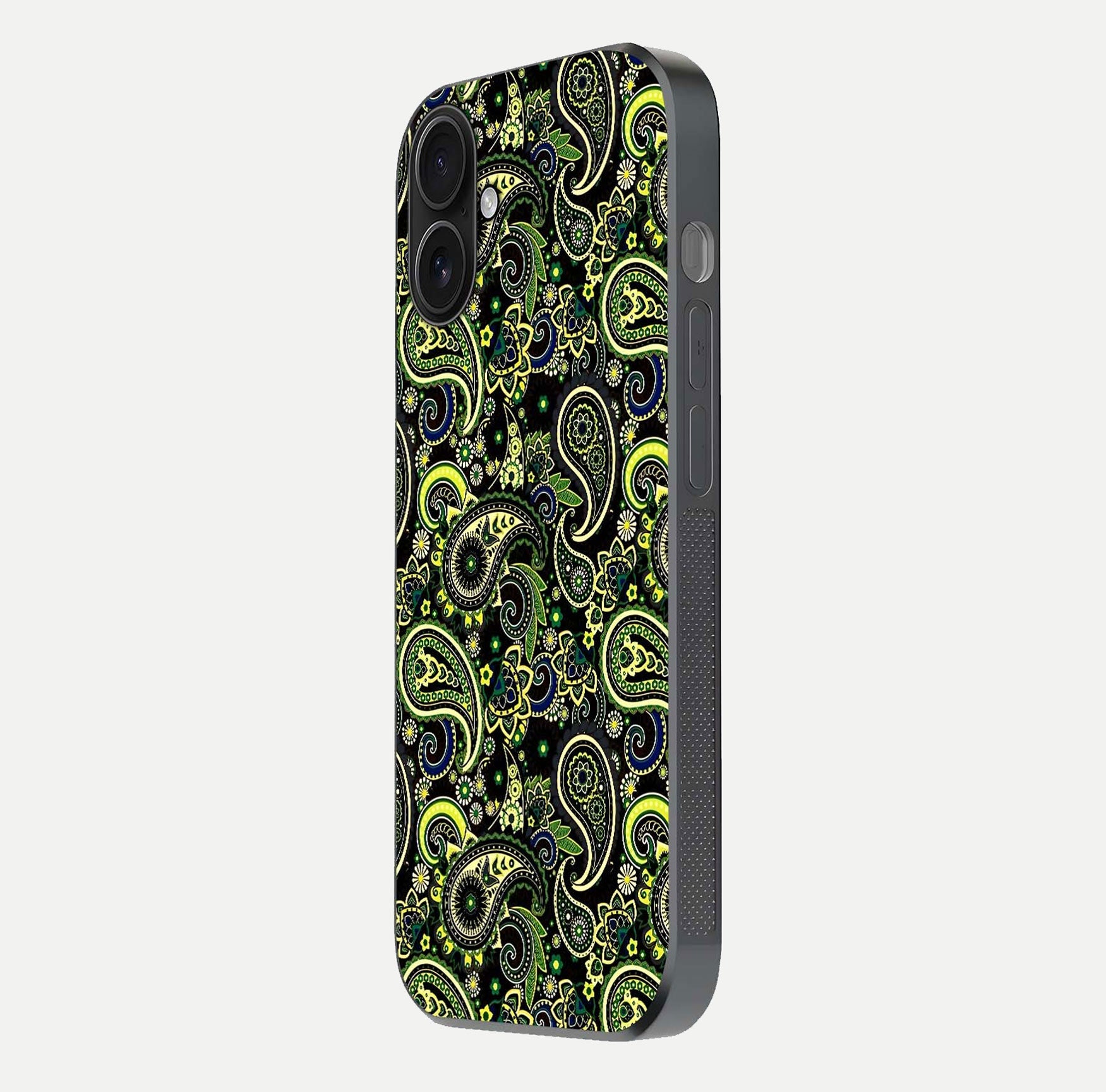 Green Mandala Pattern Glass Case for iPhone 16 side-angle image showing reflection clarity and detailed pattern lines