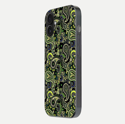 Green Mandala Pattern Glass Case for iPhone 16 side-angle image showing reflection clarity and detailed pattern lines