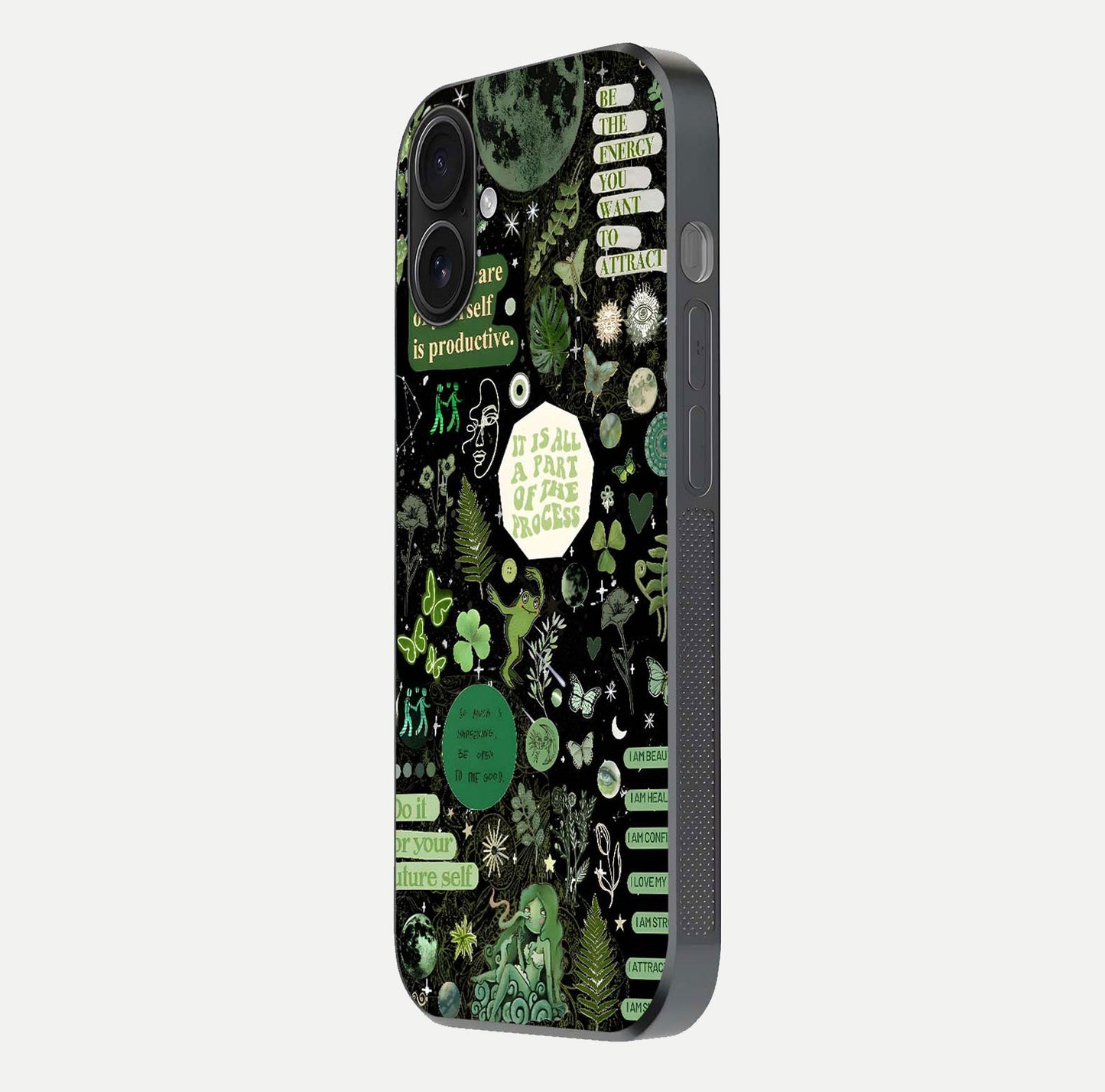 Green Moon Energy Glass Case for iPhone 16 side-angle image showing reflection brilliance and curved finish