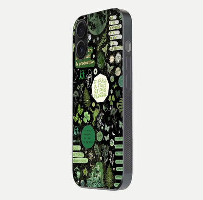 Green Moon Energy Glass Case for iPhone 16 side-angle image showing reflection brilliance and curved finish