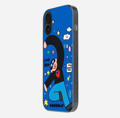 Happy Luck Vibe Glass Case for iPhone 16 side-angle image showing reflection polish and vivid charm design