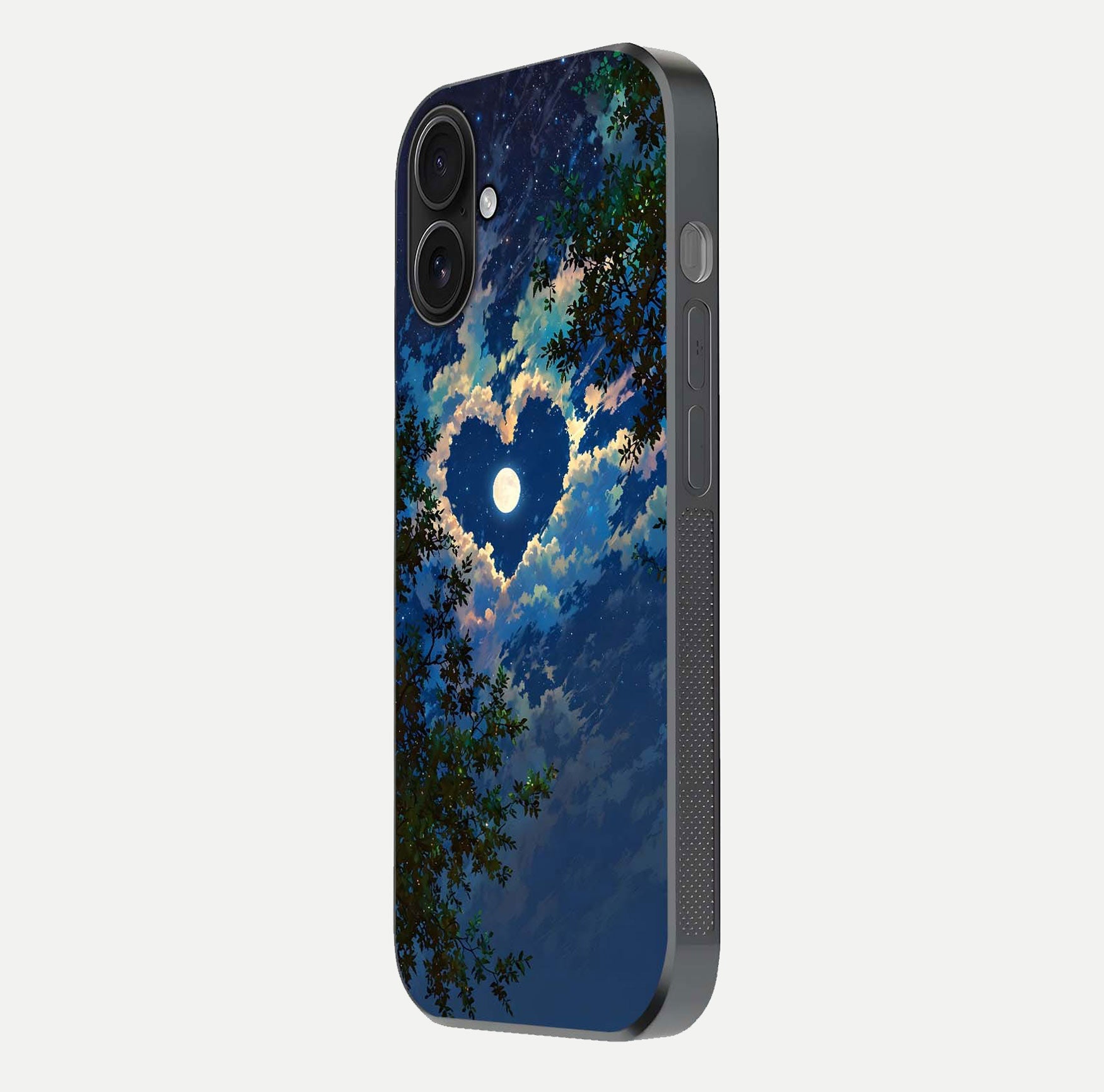 Heart with Moon Sky Glass Case for iPhone 16 side-angle image showing reflection brightness and soft tone finish