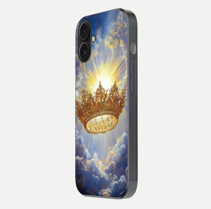 Heavenly Crown Light Glass Case for iPhone 16 side-angle image showing reflection brilliance and elegant divine art