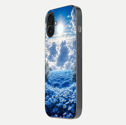 Heavenly Daisy Horizon Glass Case for iPhone 16 side-angle image showing reflection depth and floral glow