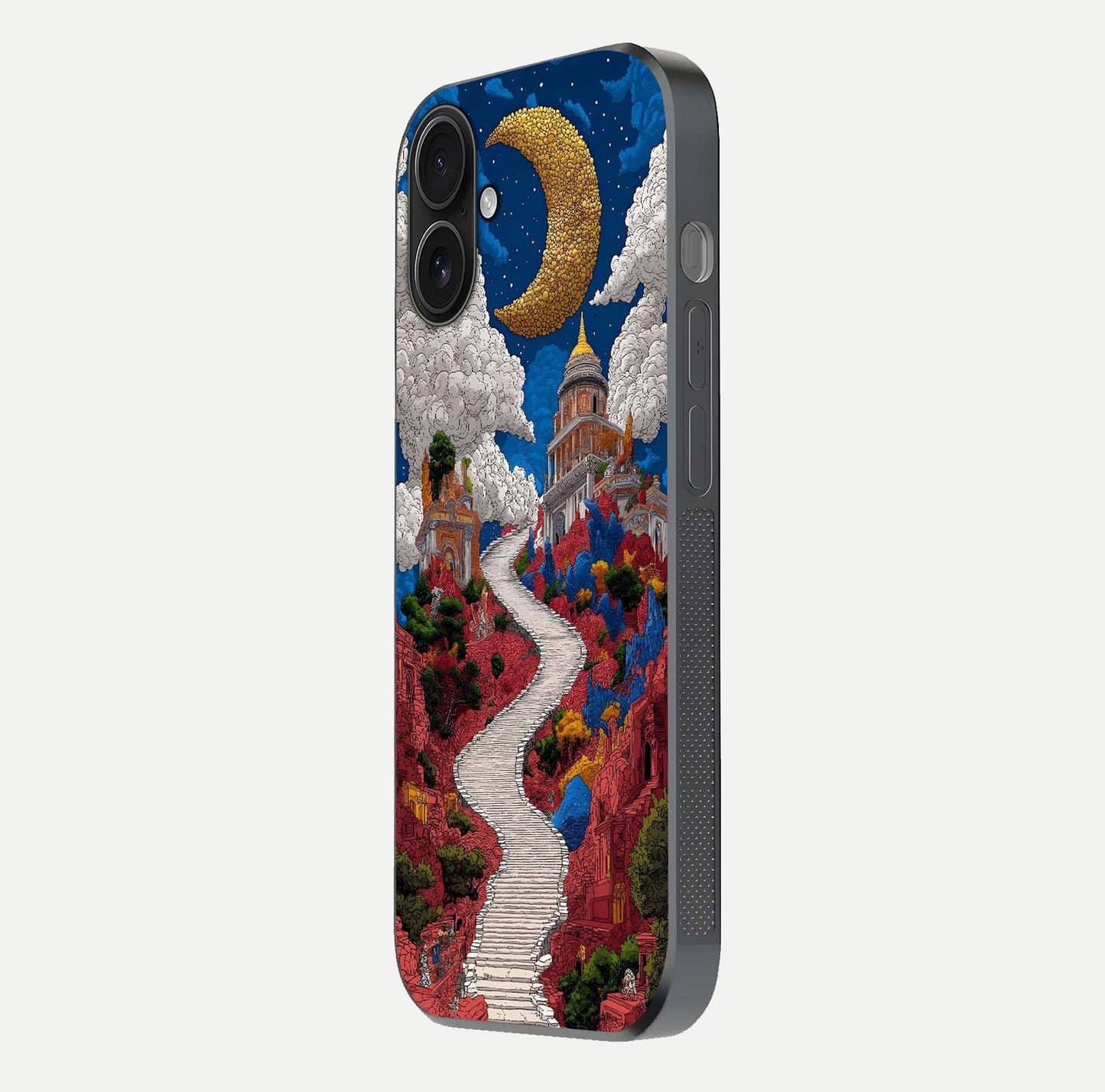 Heavenly Moon Path Glass Case for iPhone 16 side-angle image showing reflection clarity and serene moon glow