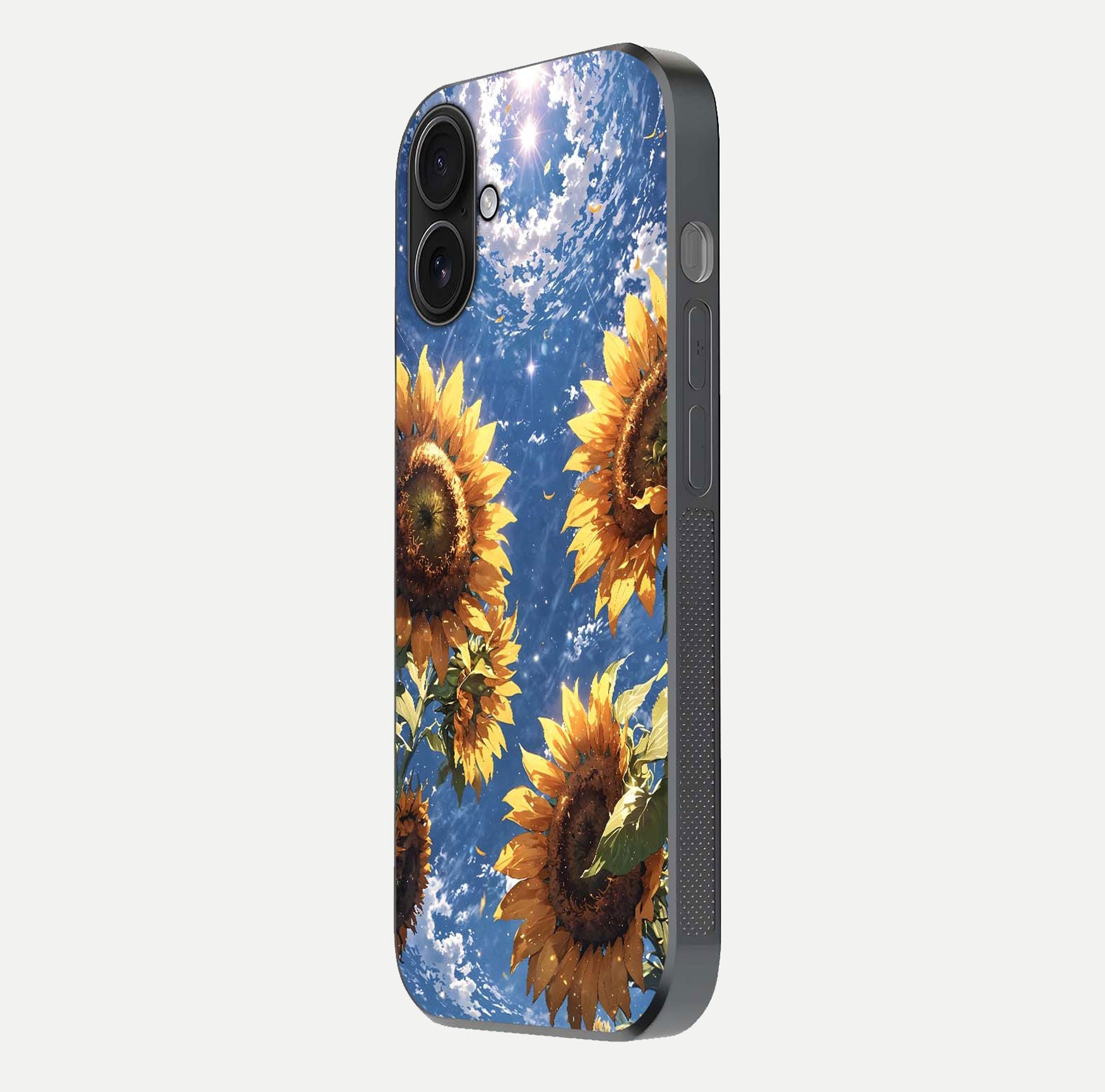 Heavenly Sunflower Rise Glass Case for iPhone 16 side-angle image showing reflection glow and soft yellow tone