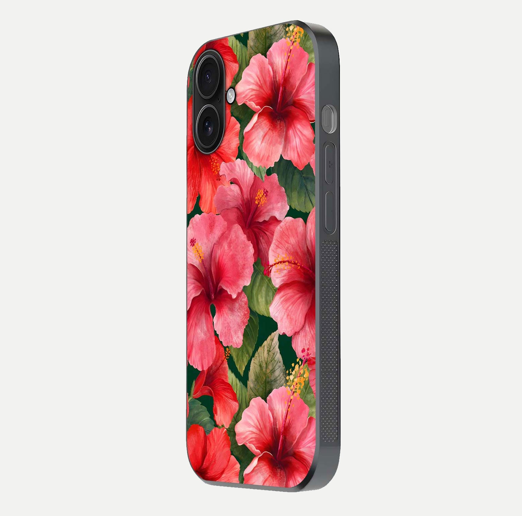 Hibiscus Pattern Glass Case for iPhone 16 side-angle image showing reflection brightness and floral detailing