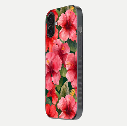 Hibiscus Pattern Glass Case for iPhone 16 side-angle image showing reflection brightness and floral detailing