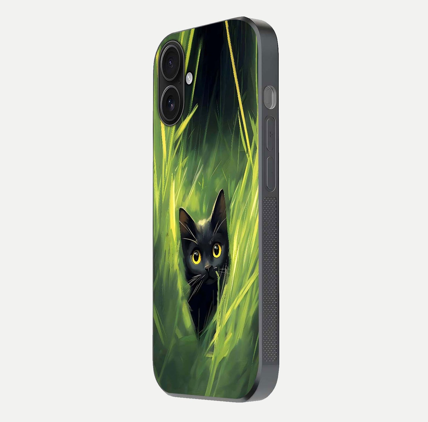 Hidden Cat Whisper Glass Case for iPhone 16 side-angle image showing reflection glow and subtle artistic texture