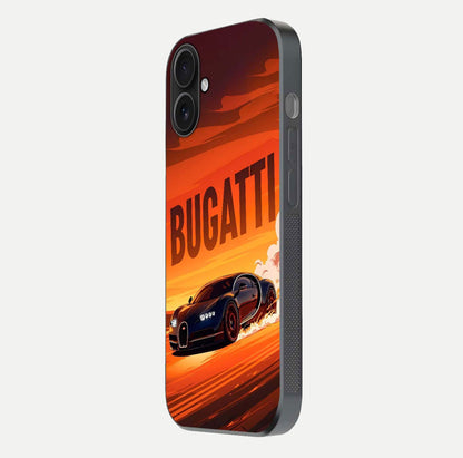 Inferno Bugatti Storm Glass Case for iPhone 16 side-angle image showing reflection glow and vibrant red tones
