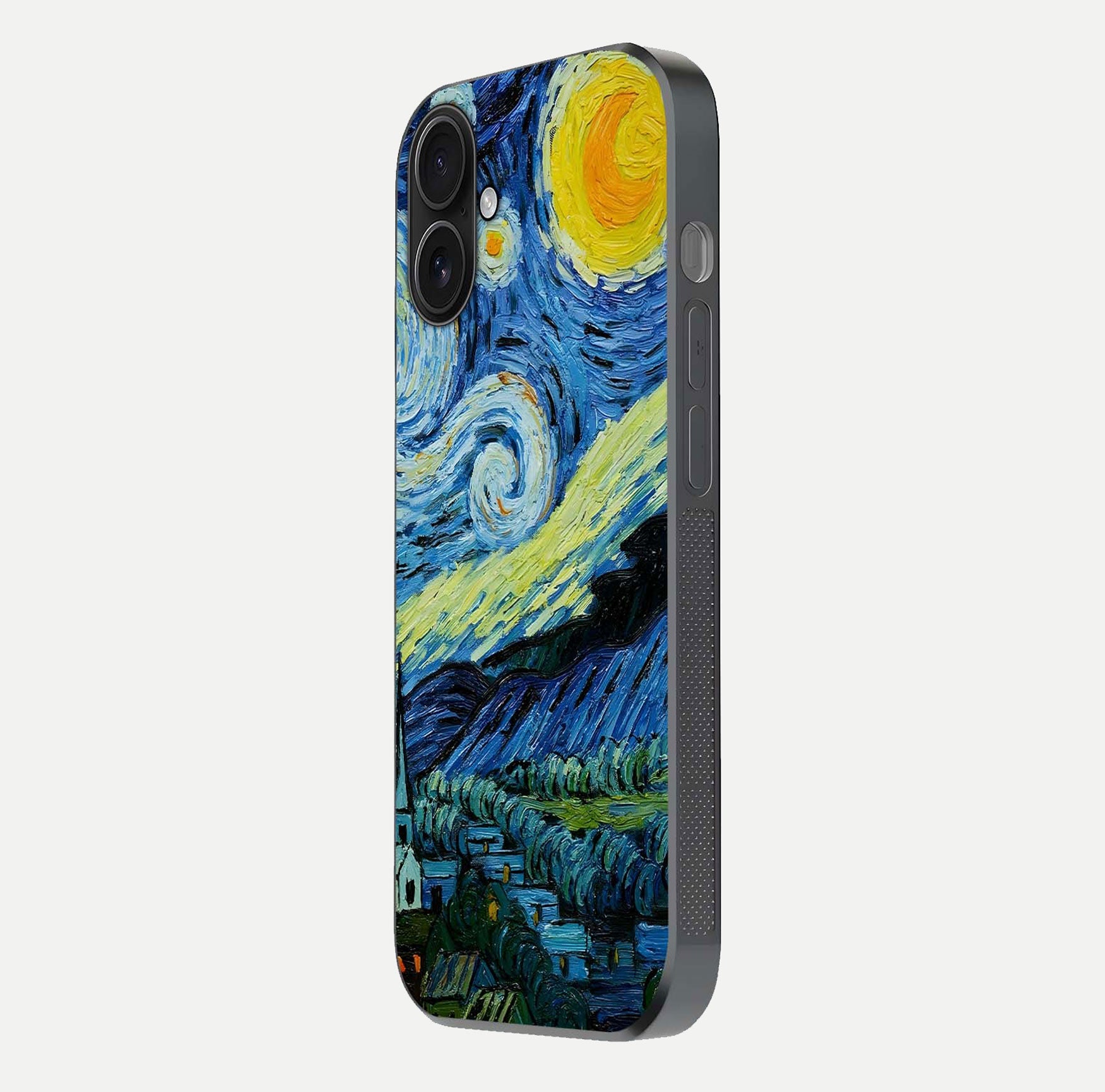 Inspired Van Gogh Art Glass Case for iPhone 16 side-angle image showing reflection brilliance and painted surface look