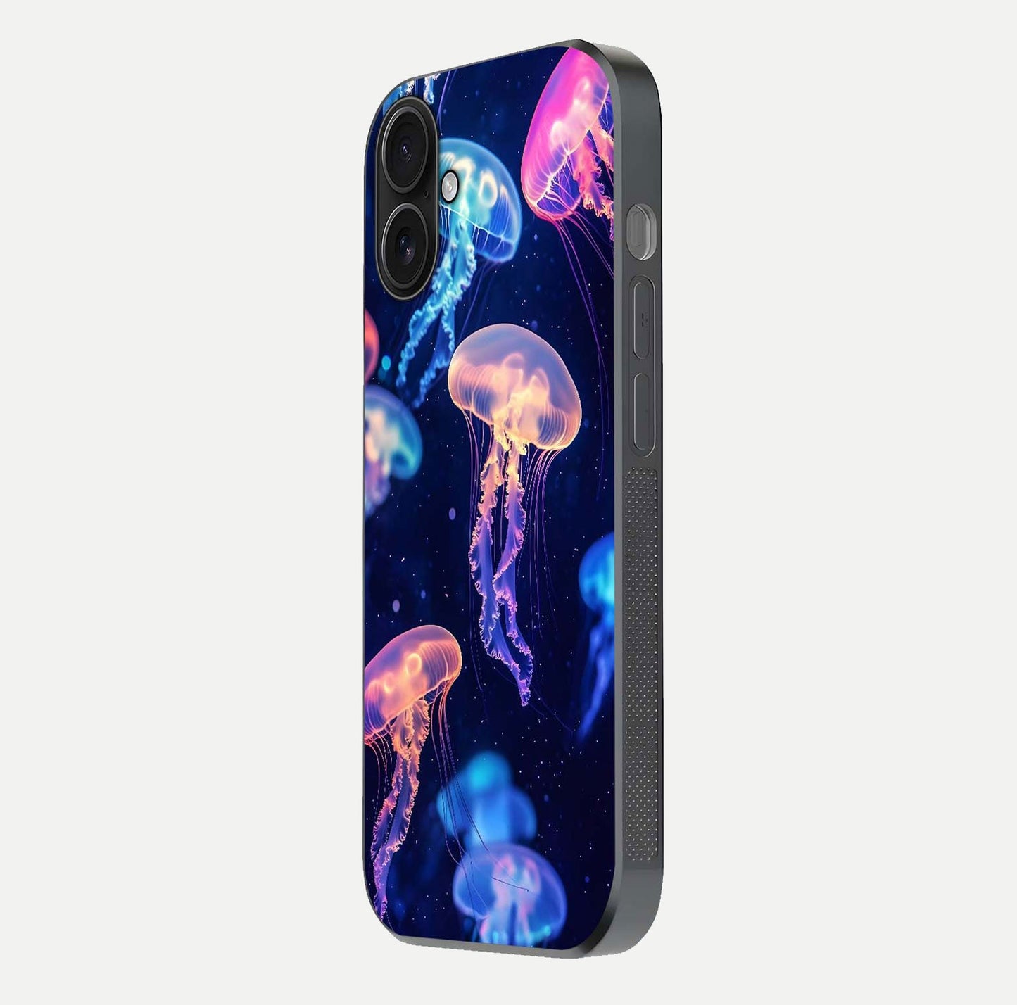 Jellyfish Pattern Glass Case for iPhone 16 side-angle image showing reflection glow and soft water-blue gradient