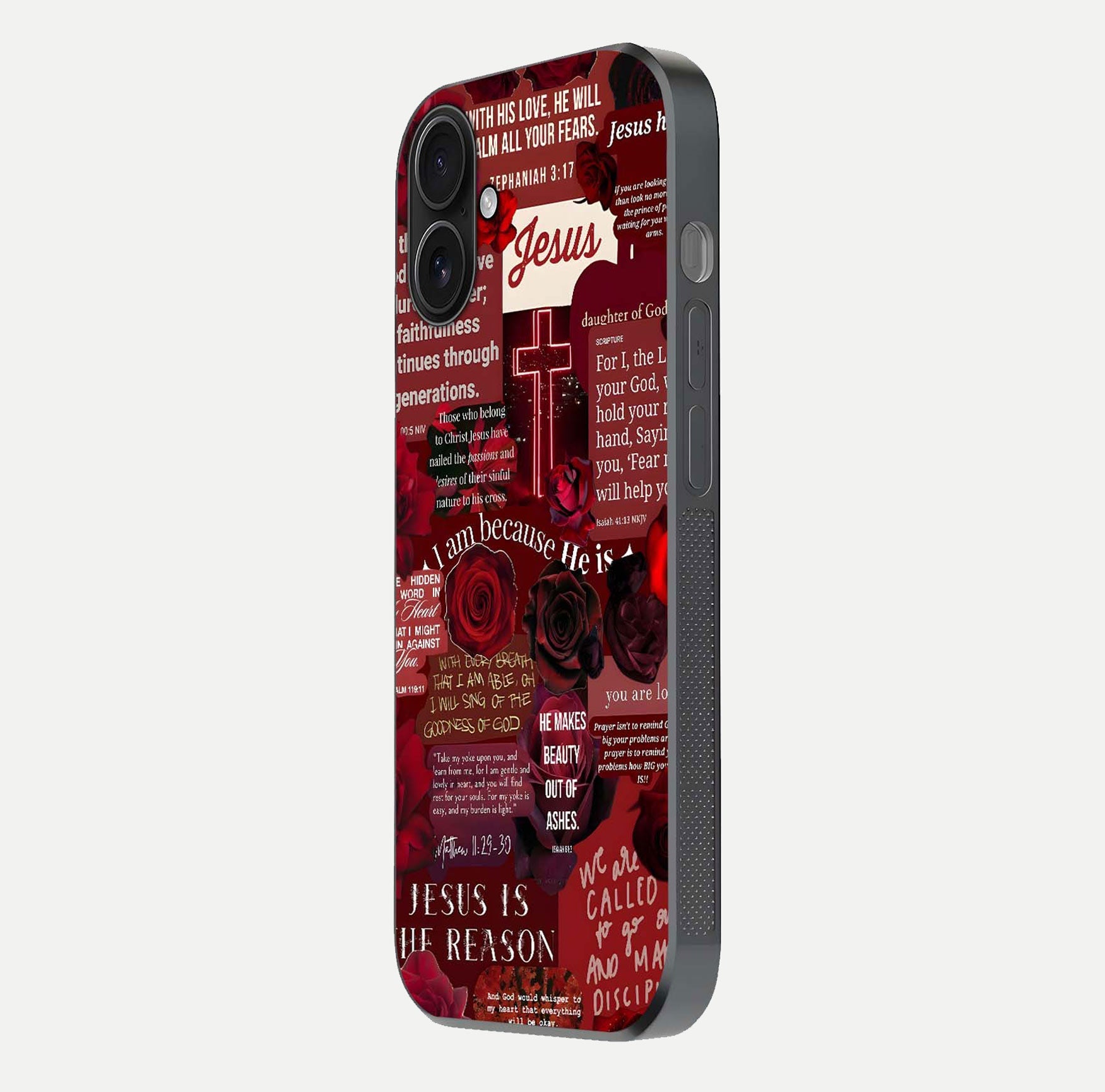 Jesus Love Heals Glass Case for iPhone 16 side-angle image highlighting gloss depth and spiritual aura