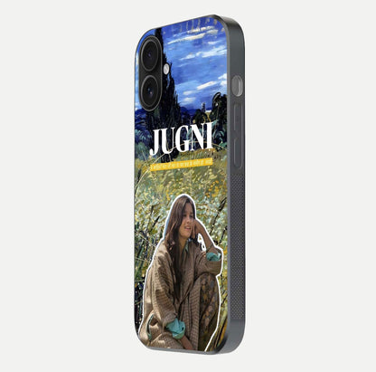 Jugni Soul Vibes Glass Case for iPhone 16 side-angle image with stylish typography and HD finish