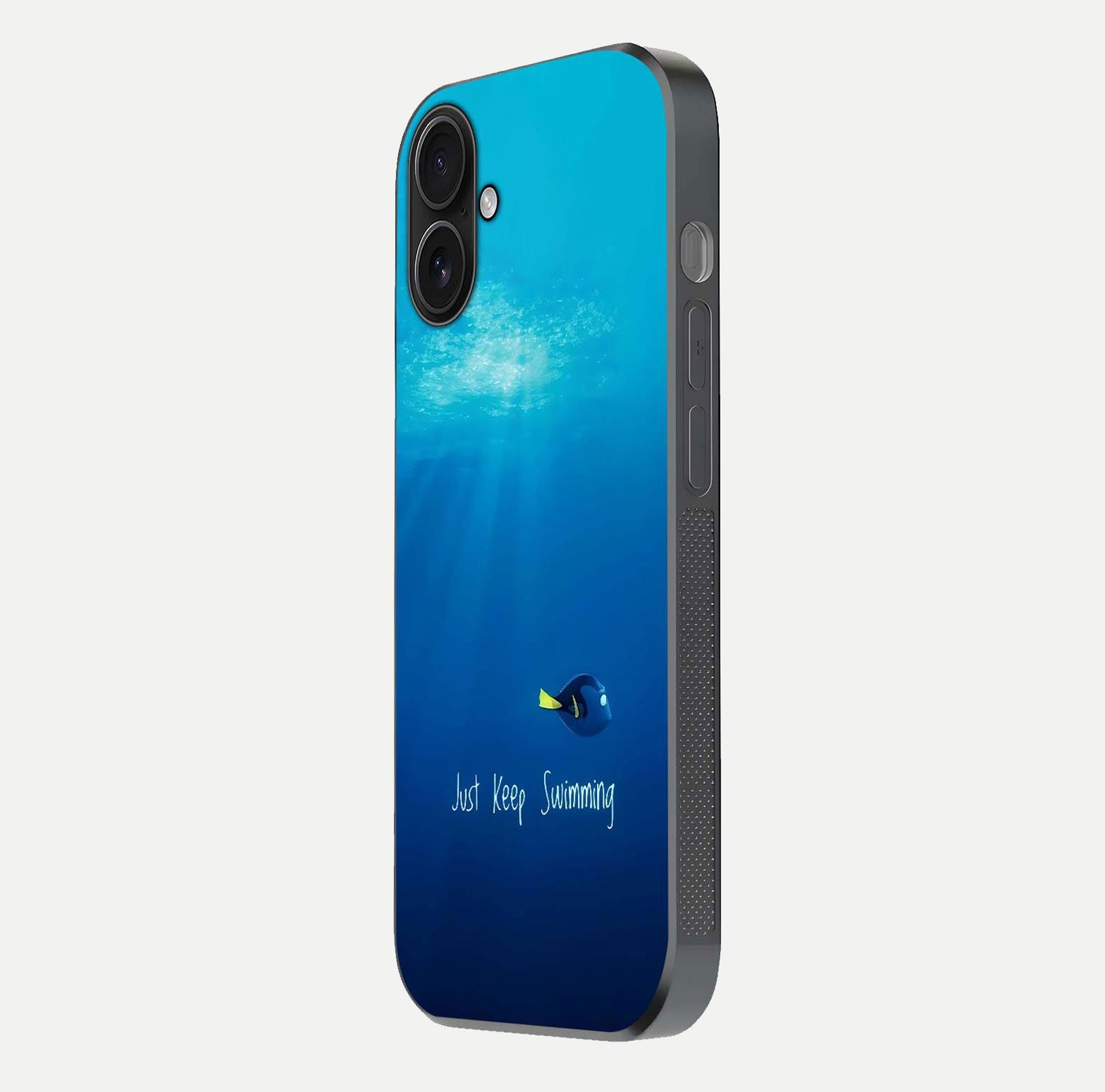 Just Keep Swimming Glass Case for iPhone 16 side-angle image highlighting reflective surface and positive quote