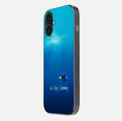 Just Keep Swimming Glass Case for iPhone 16 side-angle image highlighting reflective surface and positive quote