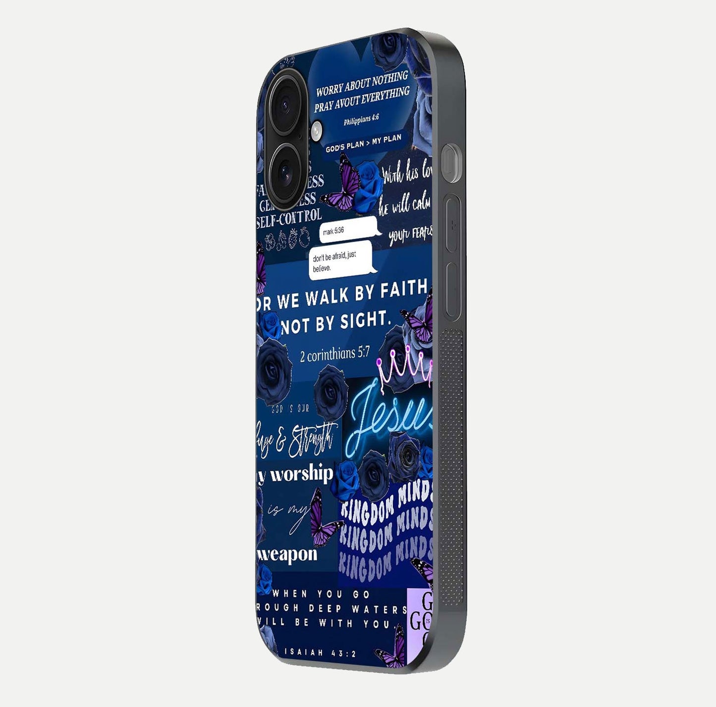 Kingdom Faith Glow Glass Case for iPhone 16 side-angle image with reflective cross and faith glow