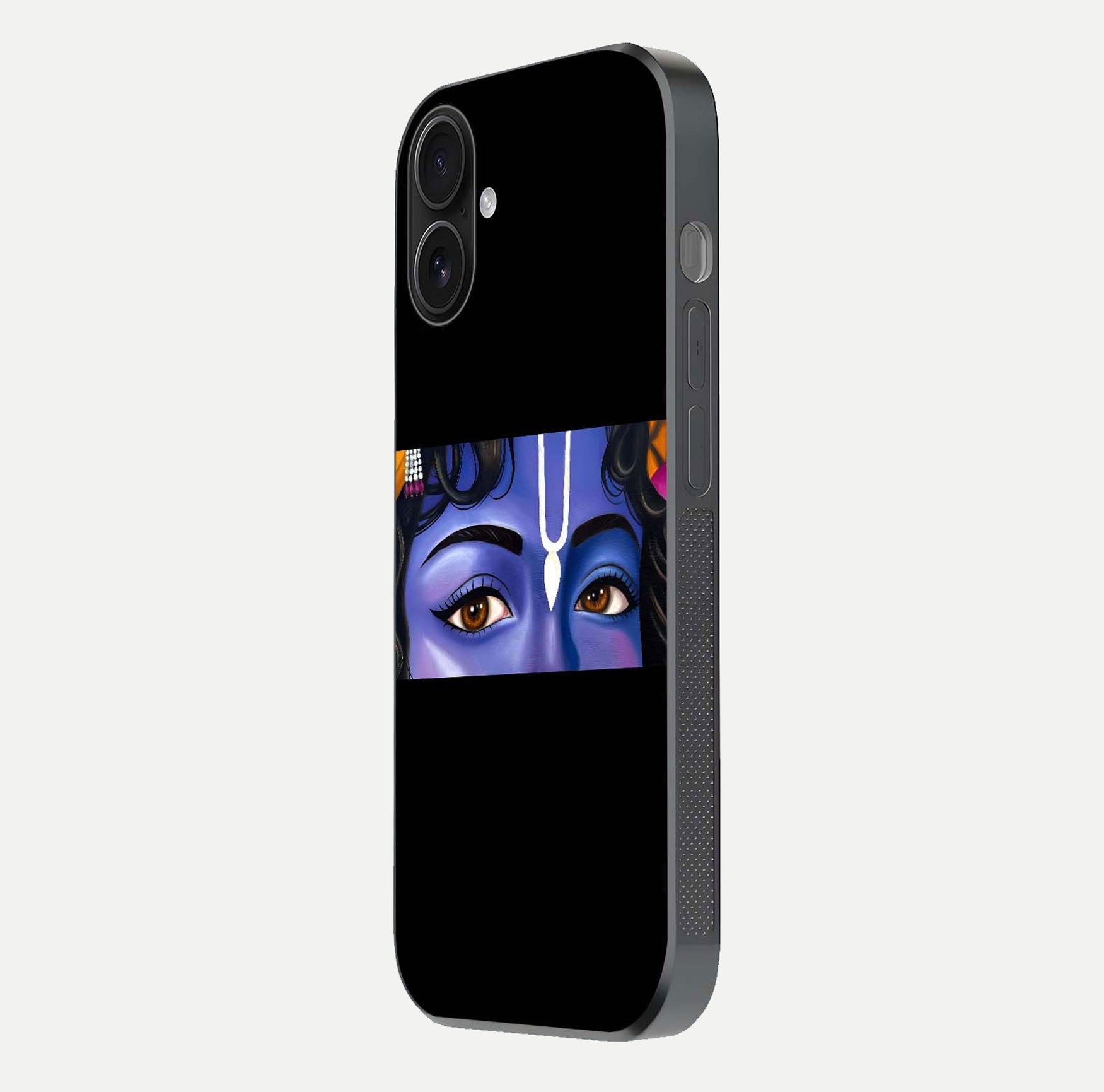 Krishna Eye Glass Case for iPhone 16 side-angle image showing reflection clarity and Krishna symbol design