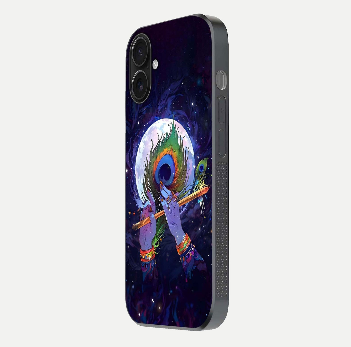 Krishna Hands Art Glass Case for iPhone 16 side-angle image highlighting reflection brightness and vivid print